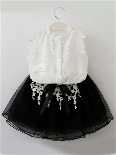 Girls Sleeveless White Button Down Lace Shirt & Black Flower Embroidered Tutu Skirt Set - white / 2T - Girls Spring Dressy Set