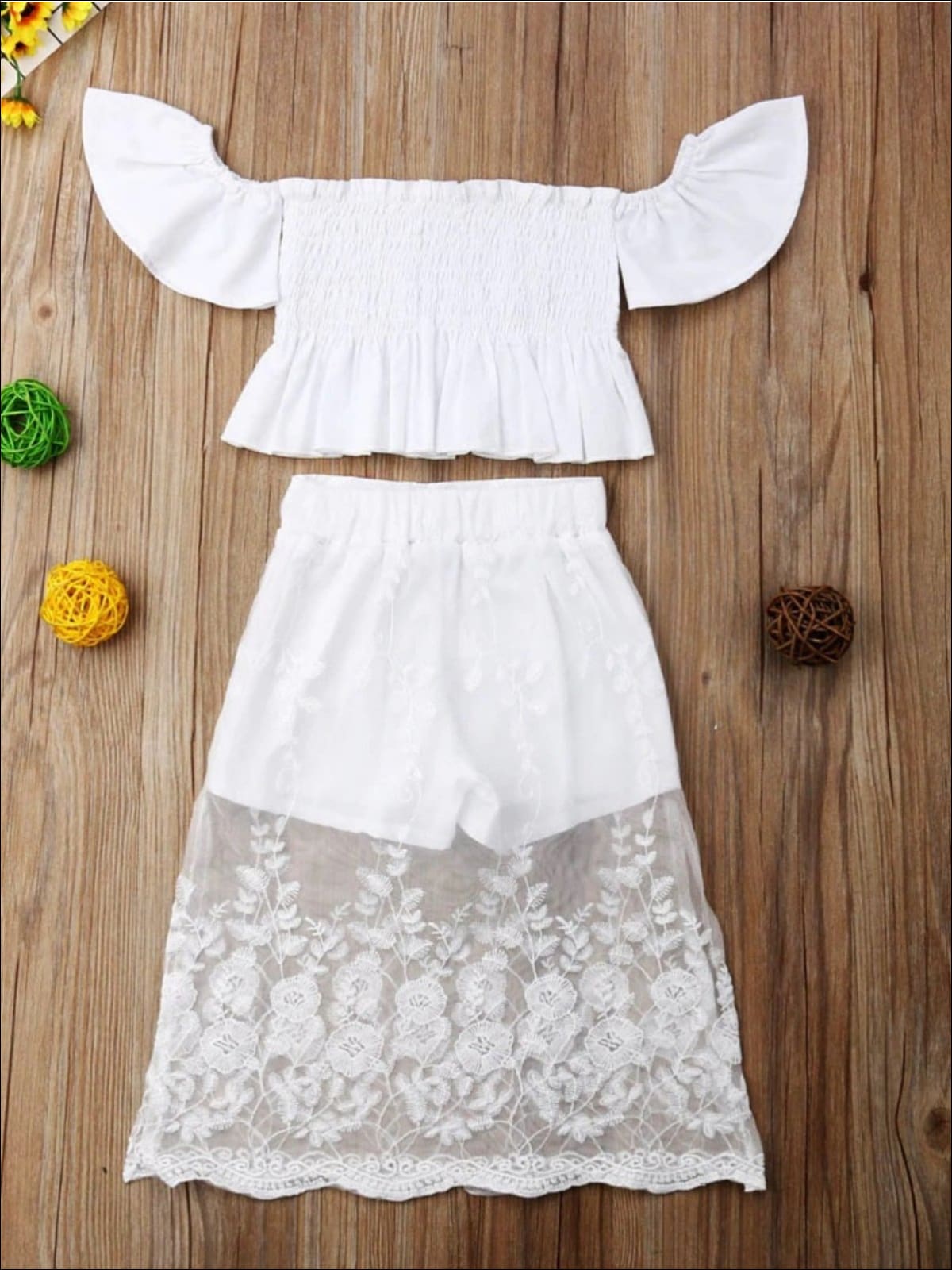 Girls Spring Outfits | White Smocked Top & Lace Overlay Shorts Set