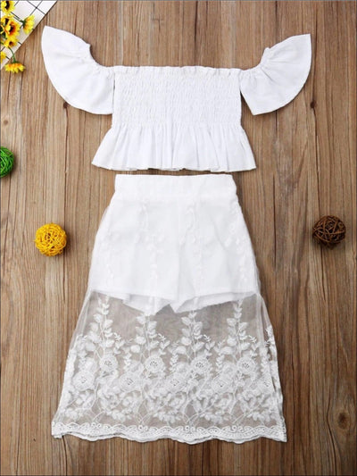 Girls Spring Outfits | White Smocked Top & Lace Overlay Shorts Set