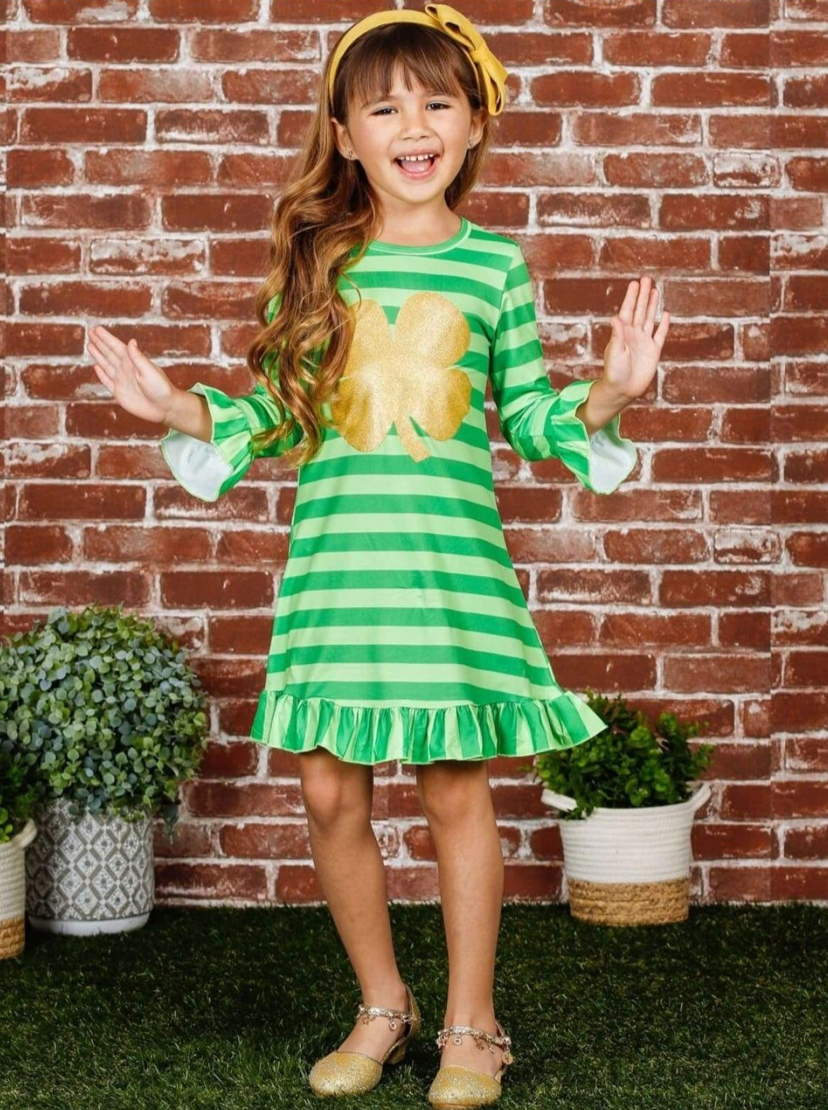 St. Patrick's Day Dress | Long Sleeve Stripe Ruffle Gold Clover Dress