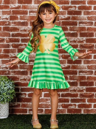 St. Patrick's Day Dress | Long Sleeve Stripe Ruffle Gold Clover Dress