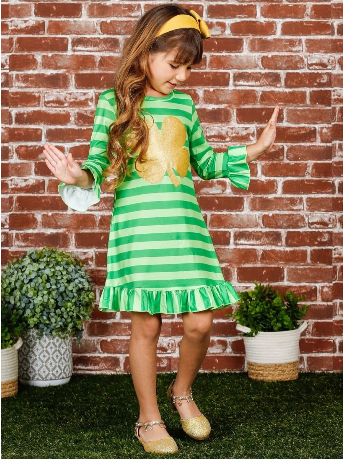 St. Patrick's Day Dress | Long Sleeve Stripe Ruffle Gold Clover Dress