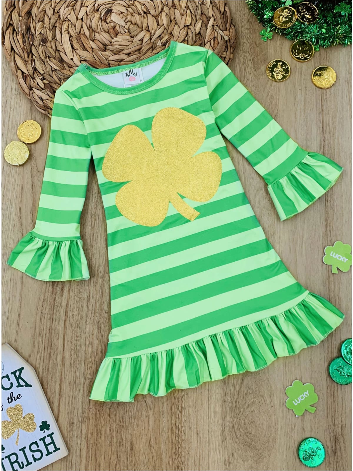 St. Patrick's Day Dress | Long Sleeve Stripe Ruffle Gold Clover Dress