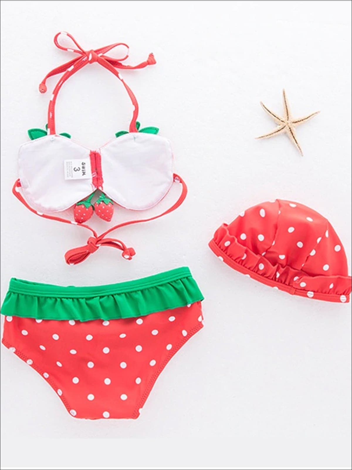 Girls Strawberry Self-Tie Two Piece Swimsuit With Matching Hat - Girls Two Piece Swimsuit