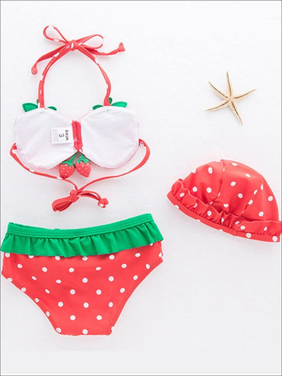 Girls Strawberry Self-Tie Two Piece Swimsuit With Matching Hat - Girls Two Piece Swimsuit