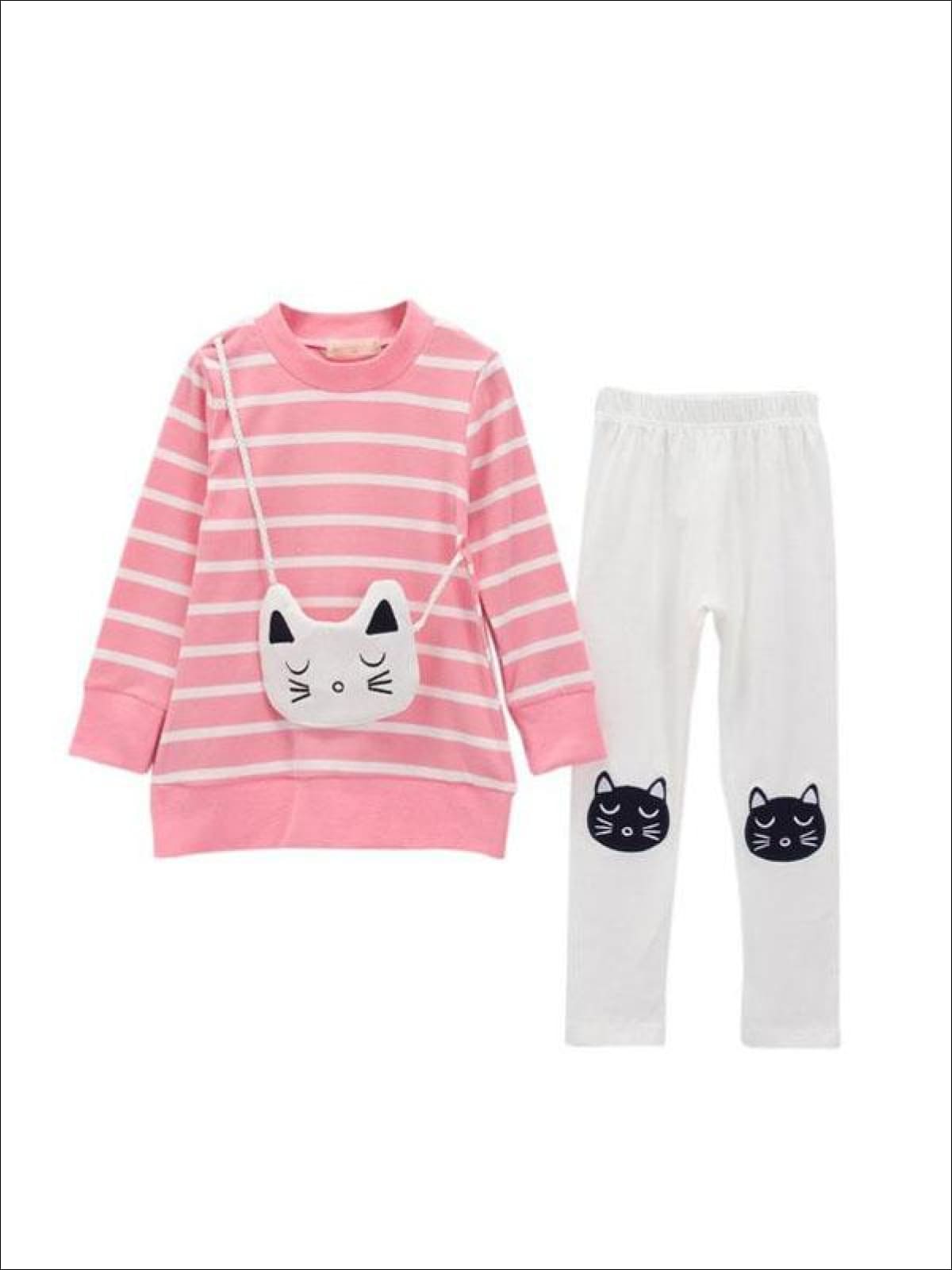 Girls Striped Sweater, Patched Leggings & Cat Purse - Mia Belle Girls