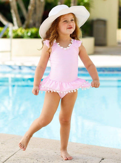 Kids Swimsuits | Little Girls Striped Pom Pom Skirt One Piece Swimsuit