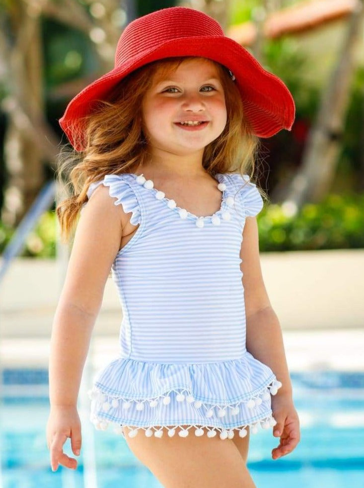 Kids Swimsuits | Little Girls Striped Pom Pom Skirt One Piece Swimsuit
