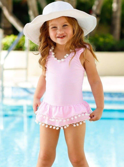 Kids Swimsuits | Little Girls Striped Pom Pom Skirt One Piece Swimsuit