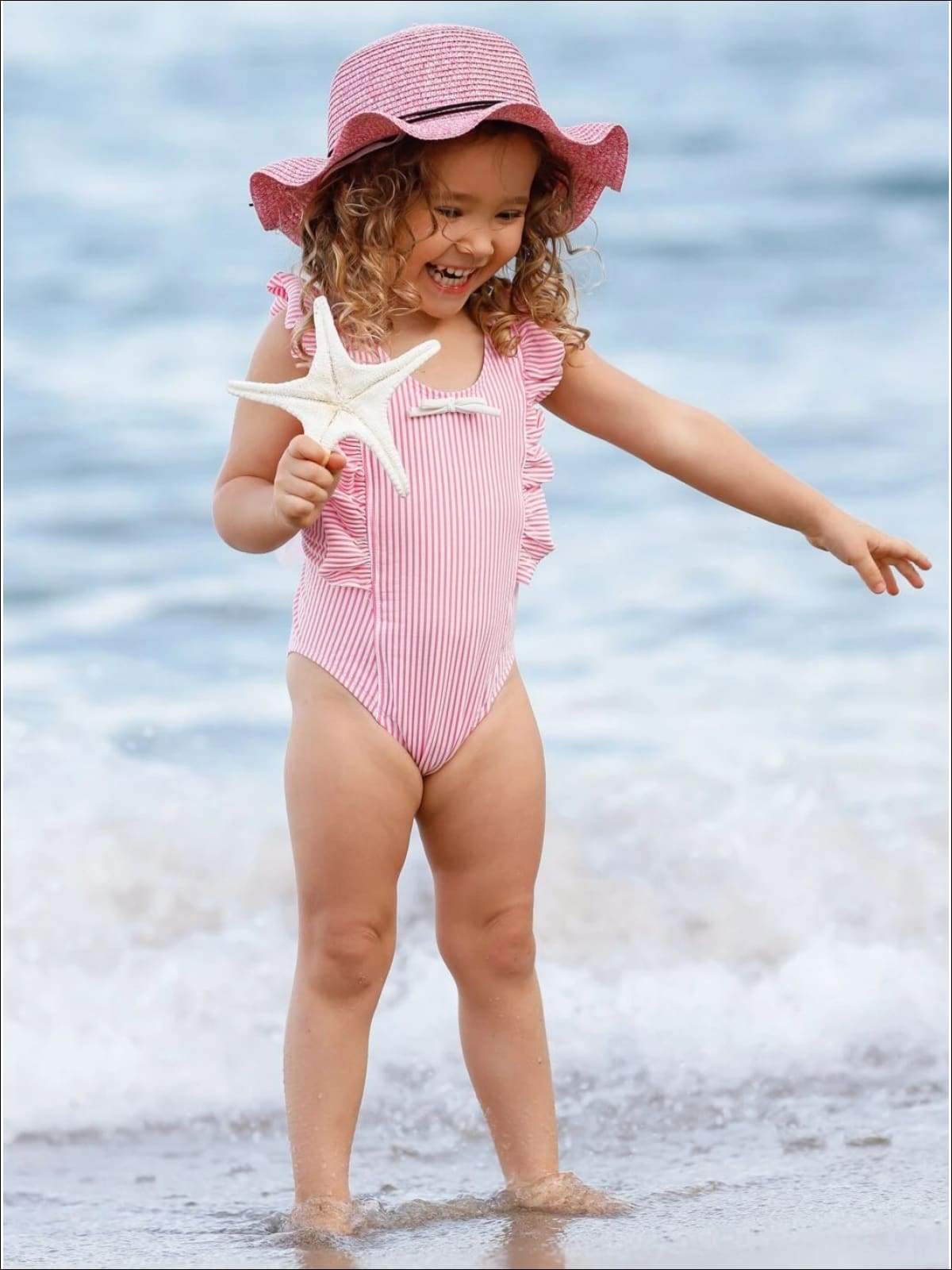 Little Girls Swimwear | Striped Ruffled Apron Strap One Piece Swimsuit