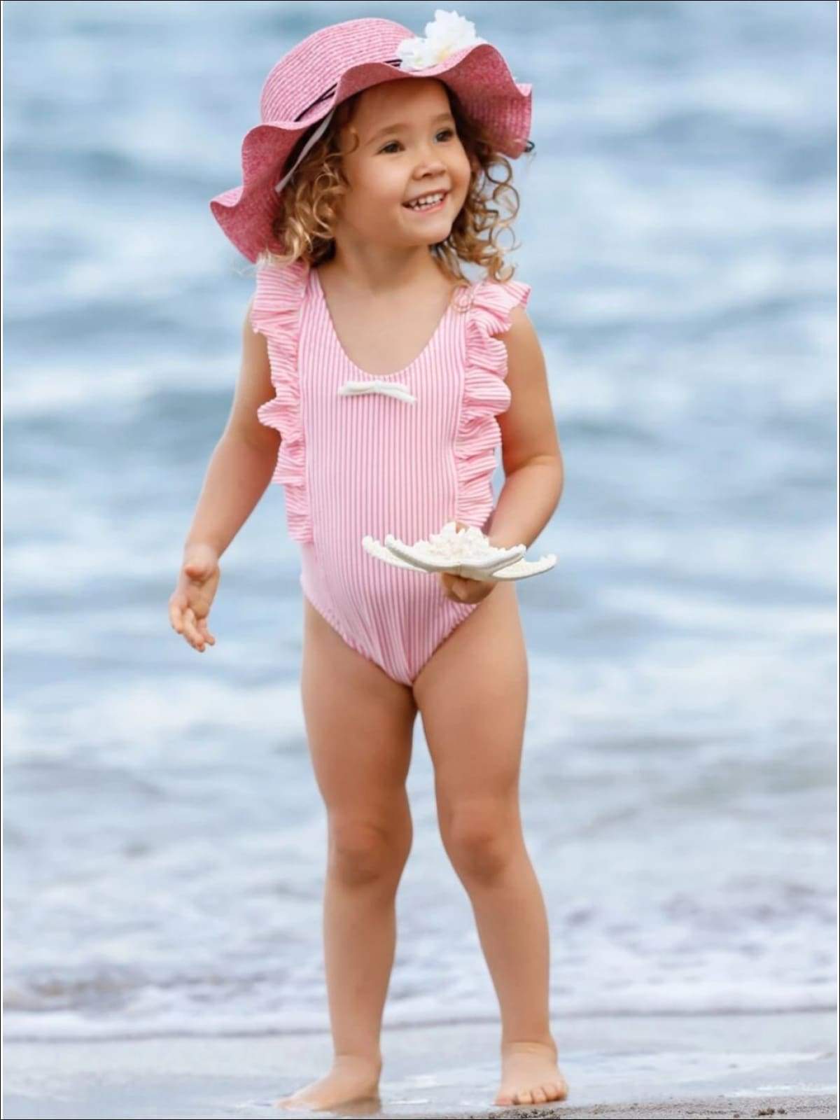 Little Girls Swimwear | Striped Ruffled Apron Strap One Piece Swimsuit