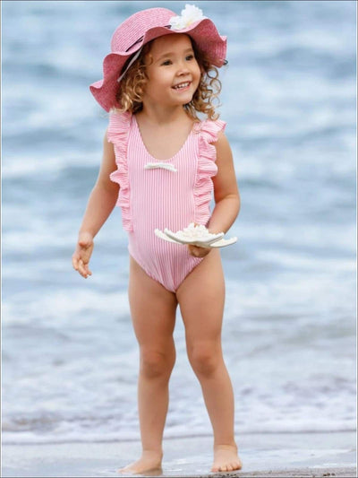 Little Girls Swimwear | Striped Ruffled Apron Strap One Piece Swimsuit