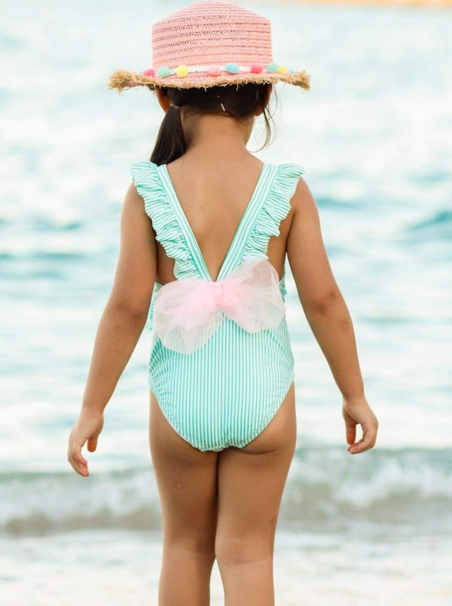 Little Girls Swimwear | Striped Ruffled Apron Strap One Piece Swimsuit