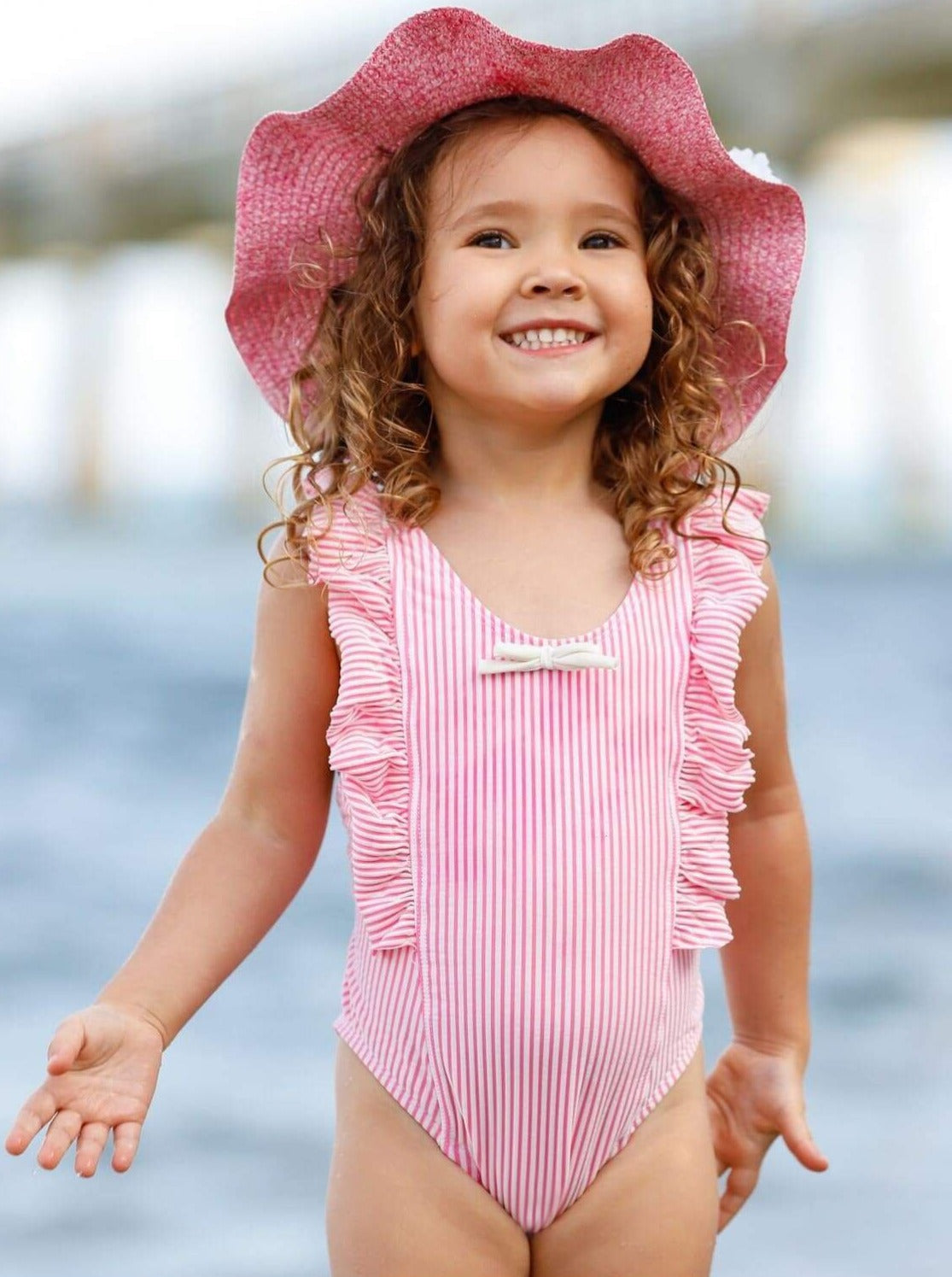 Little Girls Swimwear | Striped Ruffled Apron Strap One Piece Swimsuit