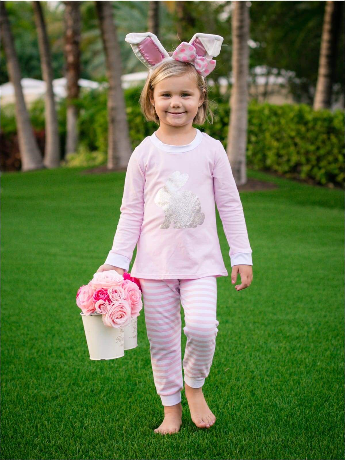 Girls Striped Silver Easter Bunny Pajama Set - Blush / 2T - Girls Pajama