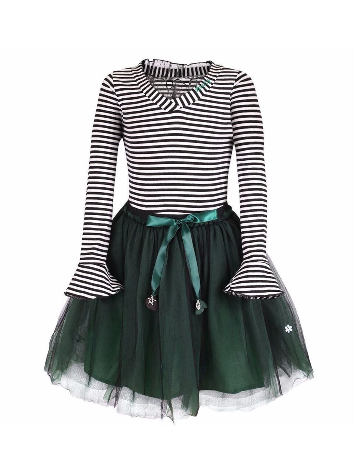Girls Striped Top & Emerald Tutu Skirt Set - Girls Fall Dressy Set