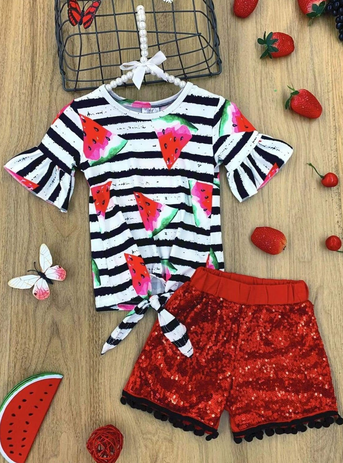 Spring Outfits | Girls Watermelon Striped Top & Sequin Shorts Set