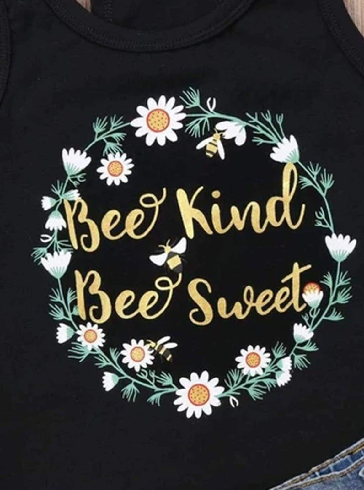 Girls Bee Kind Tank Top and Patched Denim Shorts Set - Mia Belle Girls