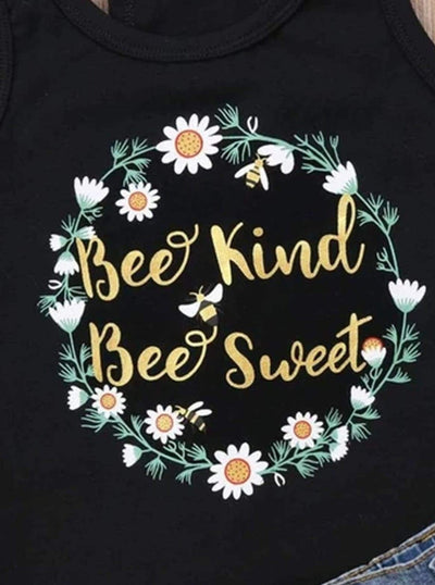 Girls Bee Kind Tank Top and Patched Denim Shorts Set - Mia Belle Girls
