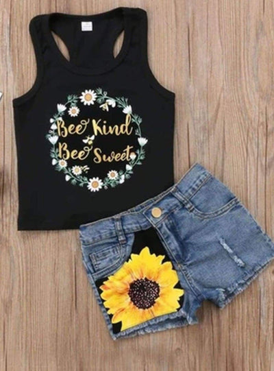 Girls Bee Kind Tank Top and Patched Denim Shorts Set - Mia Belle Girls