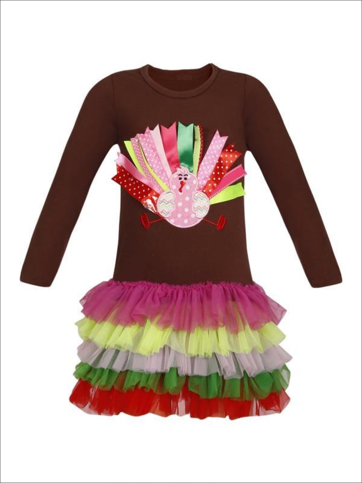 Girls Thanksgiving Themed Long Sleeve Turkey Ruffled Tutu Dress - Girls Thanksgiving Dress