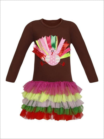 Girls Thanksgiving Themed Long Sleeve Turkey Ruffled Tutu Dress - Girls Thanksgiving Dress