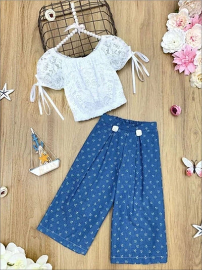 Girls Tie Sleeve Crop Top and Buttoned Palazzo Pants Set - Girls Spring Casual Set