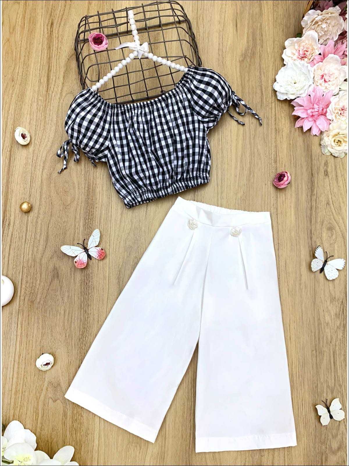 Girls Tie Sleeve Crop Top and Buttoned Palazzo Pants Set - White / 2T/3T - Girls Spring Casual Set