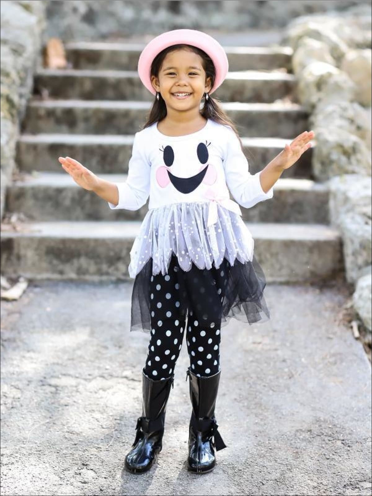 Girls White & Black Long Sleeve Ghost Smiley Face Sequin Tutu Tunic & Polka Dot Leggings Set - Girls Fall Casual Set