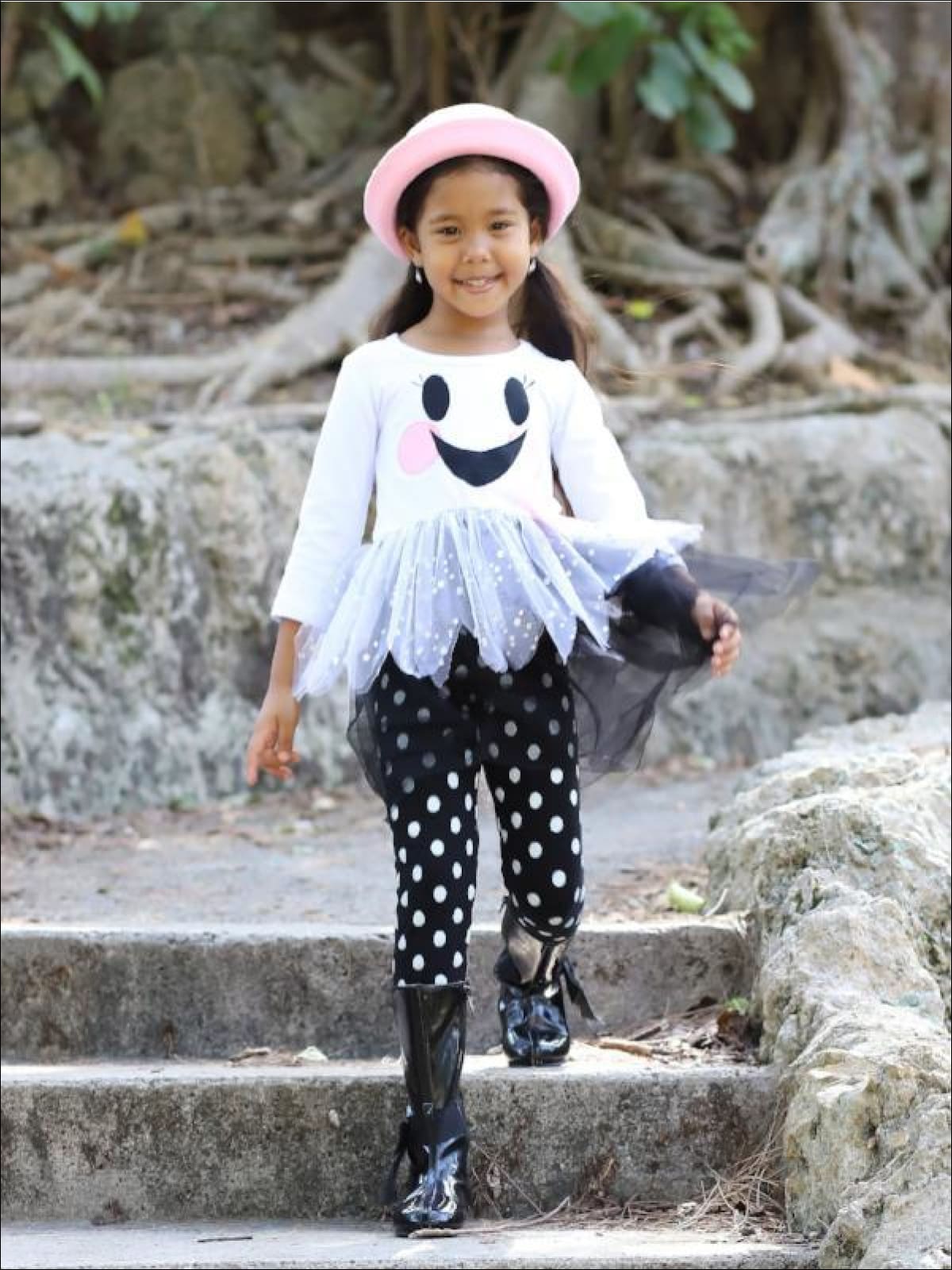 Girls White & Black Long Sleeve Ghost Smiley Face Sequin Tutu Tunic & Polka Dot Leggings Set - White / S-3T - Girls Fall Casual Set