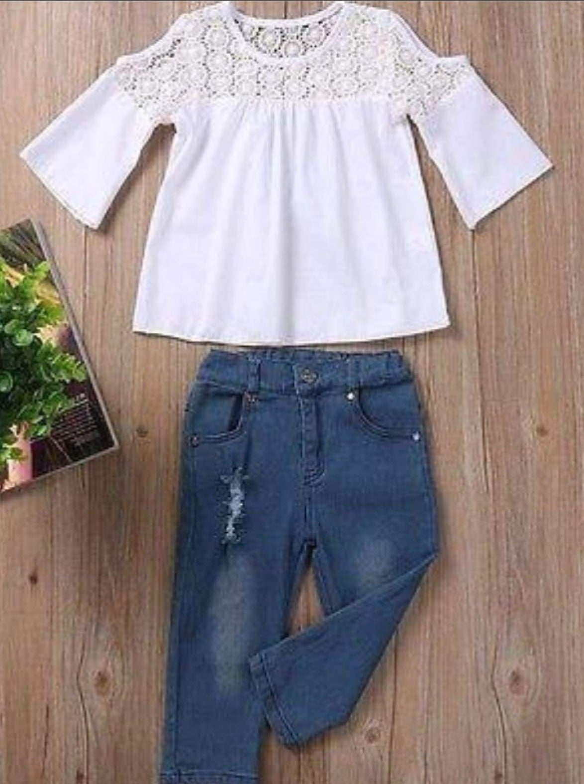 Girls Boho Crochet Cold Shoulder Blouse & Jeans Set - Mia Belle Girls