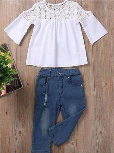 Girls Boho Crochet Cold Shoulder Blouse & Jeans Set - Mia Belle Girls