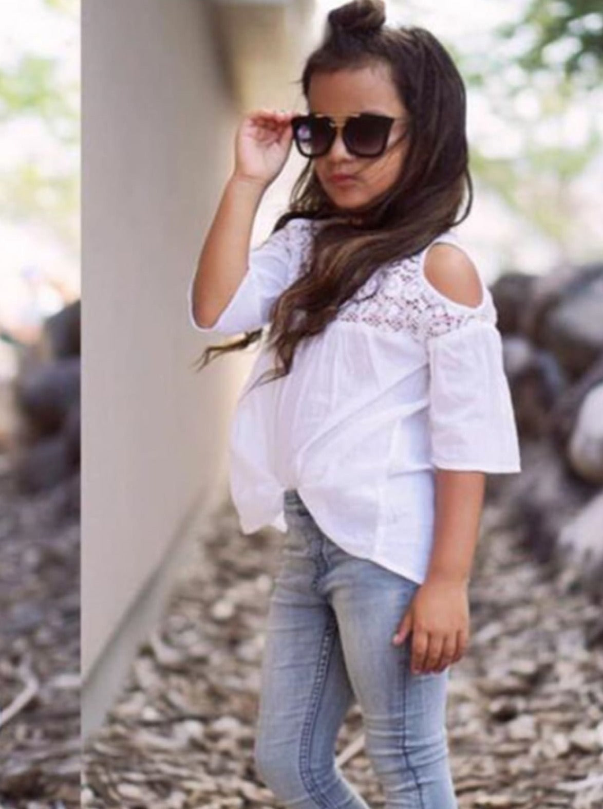 Girls Boho Crochet Cold Shoulder Blouse & Jeans Set - Mia Belle Girls