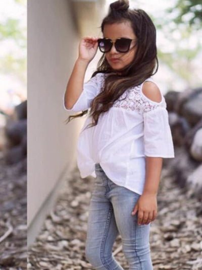 Girls Boho Crochet Cold Shoulder Blouse & Jeans Set - Mia Belle Girls