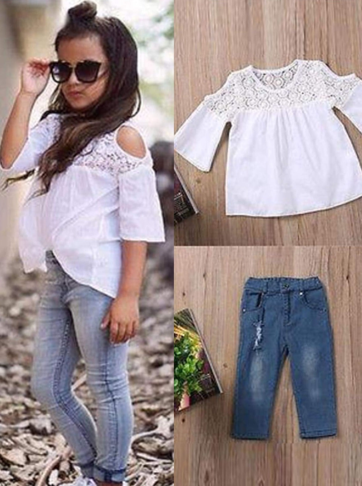 Girls Boho Crochet Cold Shoulder Blouse & Jeans Set - Mia Belle Girls