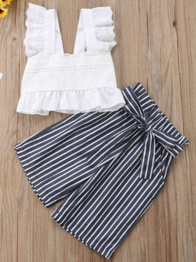 Girls White Eyelet Ruffled Sleeve Cropped Top & Navy Cropped Striped Palazzo Pants - Girls Spring Casual Set