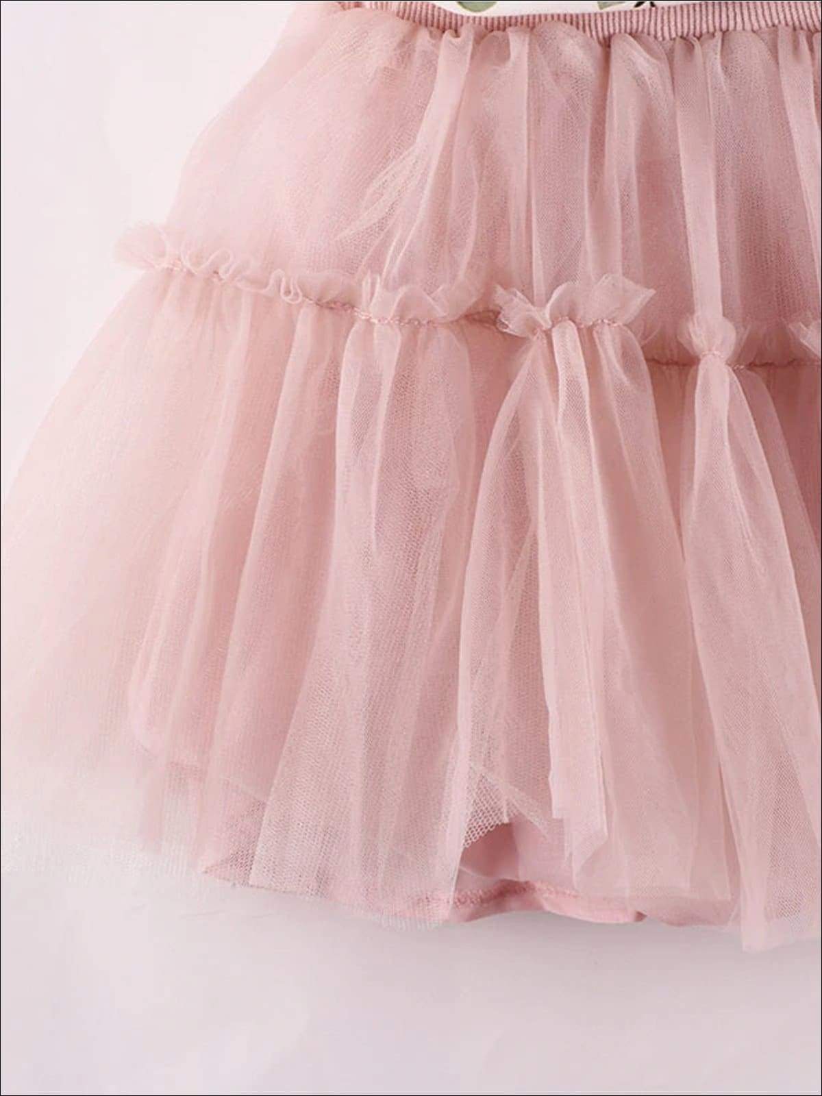 Girls White Floral Unicorn Ruffle Trim Short Sleeve Top & Pink Layered Tutu Skirt Set - Girls Spring Casual Set