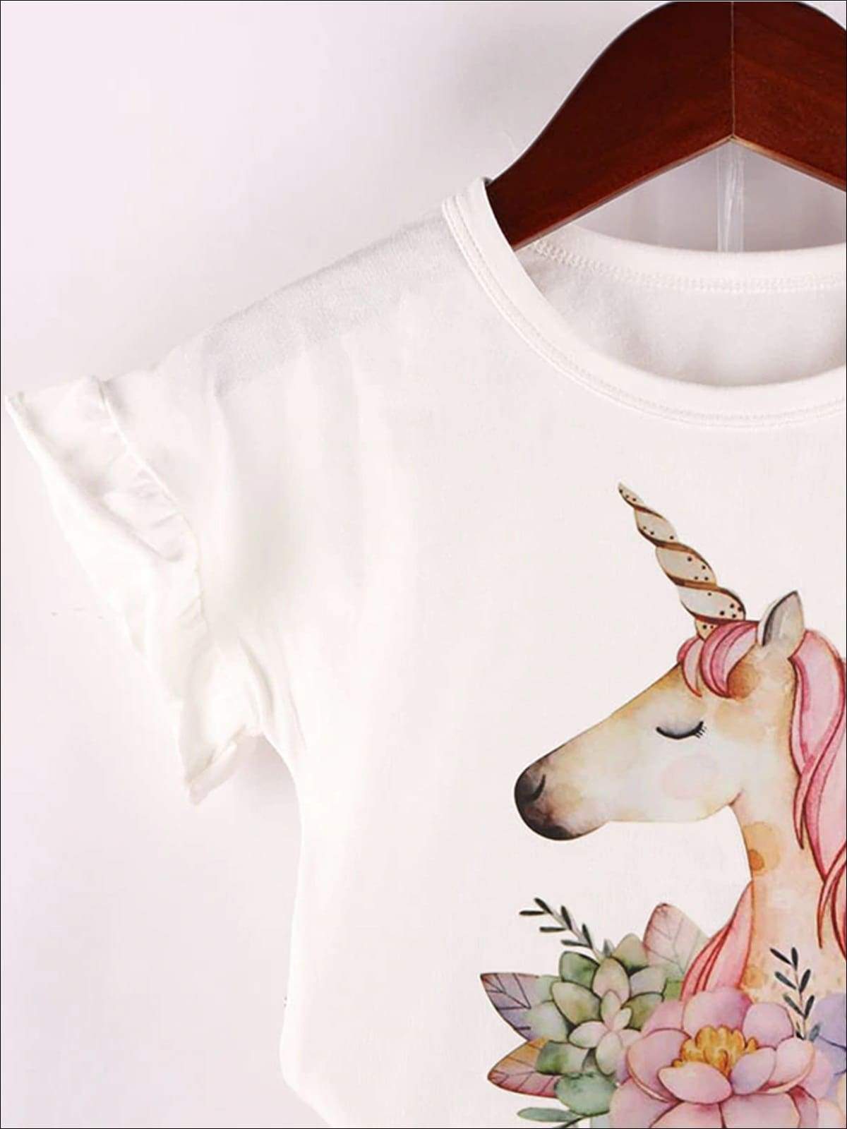 Girls White Floral Unicorn Ruffle Trim Short Sleeve Top & Pink Layered Tutu Skirt Set - Girls Spring Casual Set