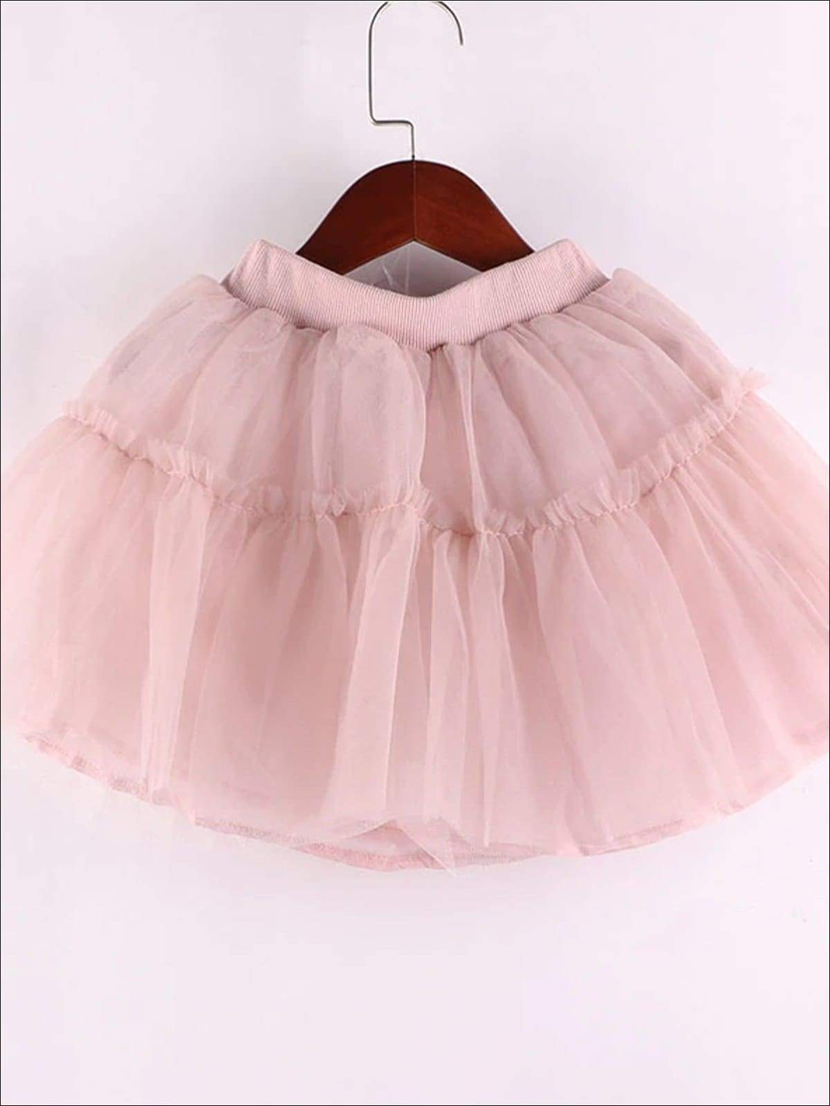 Girls White Floral Unicorn Ruffle Trim Short Sleeve Top & Pink Layered Tutu Skirt Set - Girls Spring Casual Set