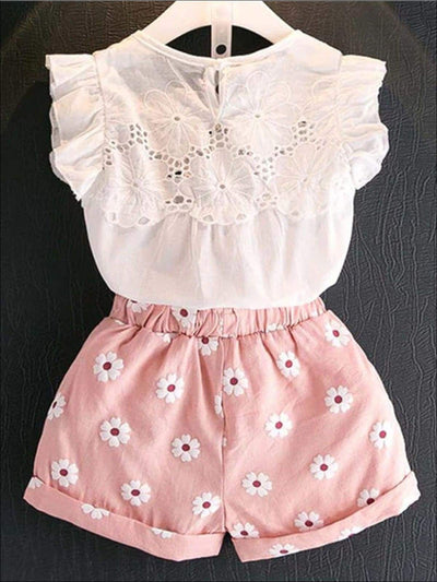 Spring Clothes For Girls | White Eyelet Ruffle Top & Floral Shorts Set