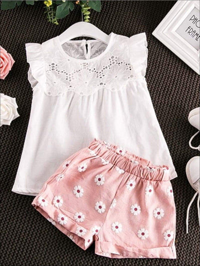Spring Clothes For Girls | White Eyelet Ruffle Top & Floral Shorts Set
