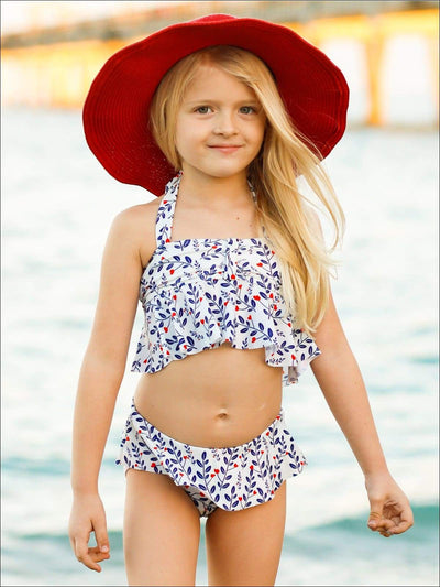 Kids Swimsuits | Girls Leaf Print Ruffled Halter Two Piece Swimsuit