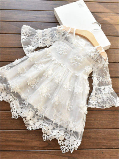 Girls White Lace Scallop Edge Boho Sleeve Dress - Girls Spring Dressy Dress