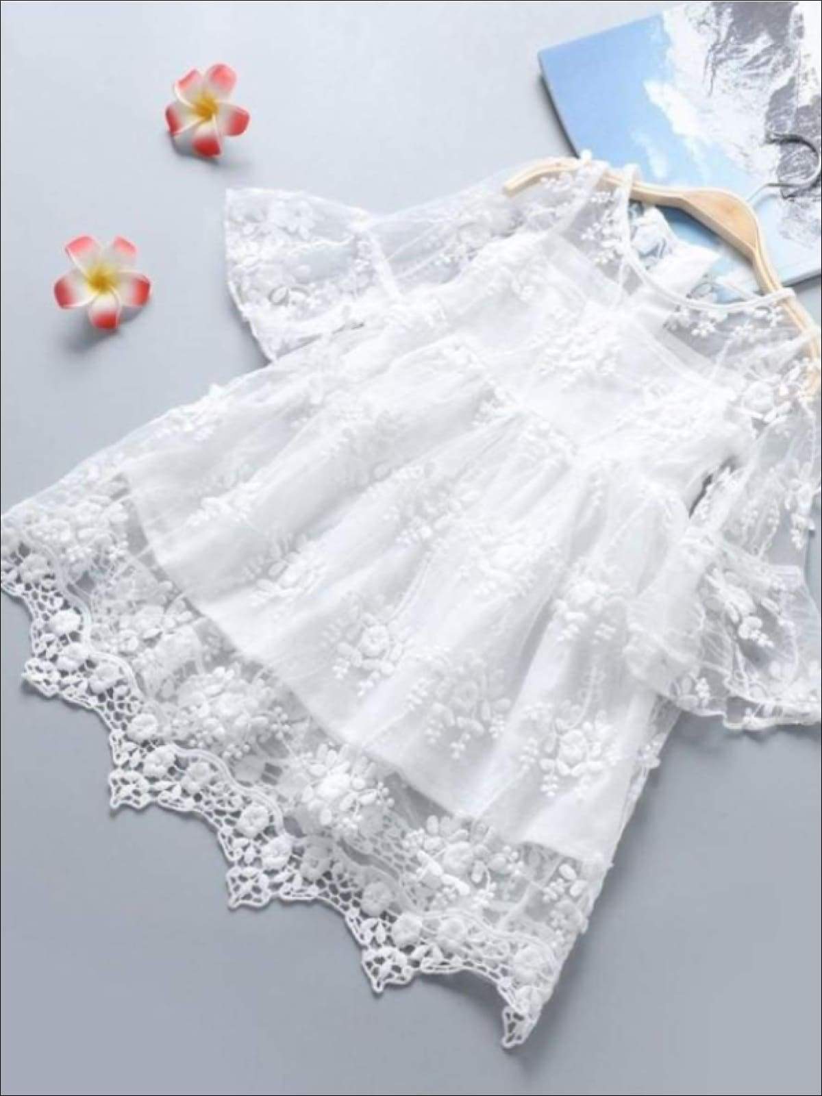 Girls White Lace Scallop Edge Boho Sleeve Dress - Girls Spring Dressy Dress