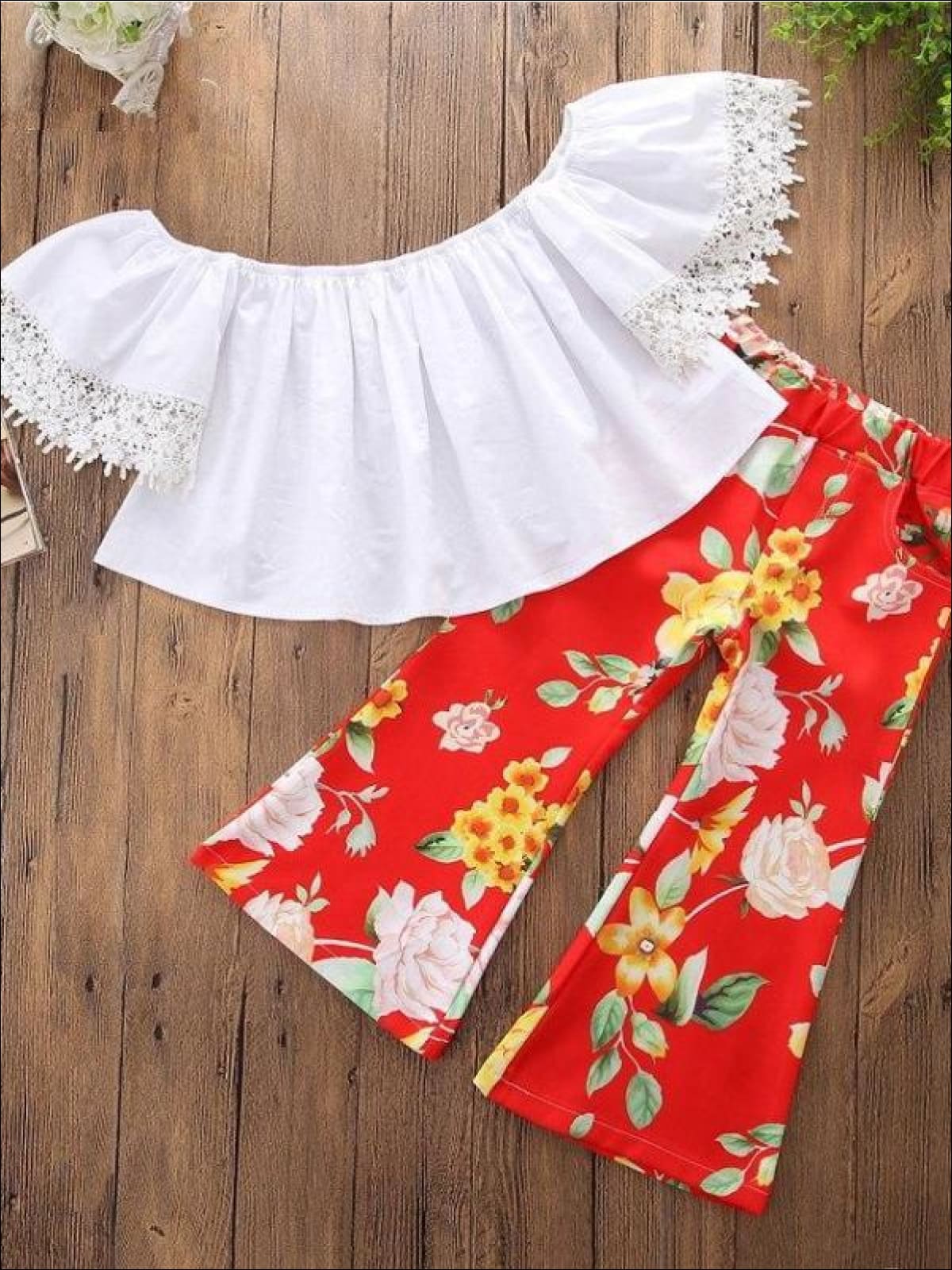Toddler Resort Wear | Girls White Off Shoulder Top & Floral Pants Set