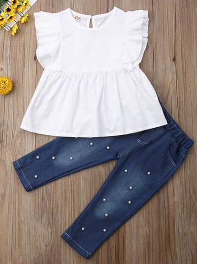 Girls Ruffle Sleeve Top & Pearl Denim Pants Set - Mia Belle Girls