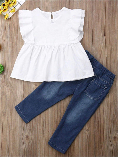 Girls Ruffle Sleeve Top & Pearl Denim Pants Set - Mia Belle Girls