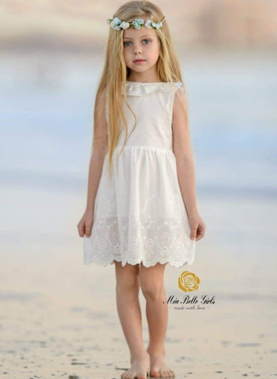 Girls White Ruffled Flutter Sleeve Summer Dress with Bow Tie - Girls Spring Casual Dress