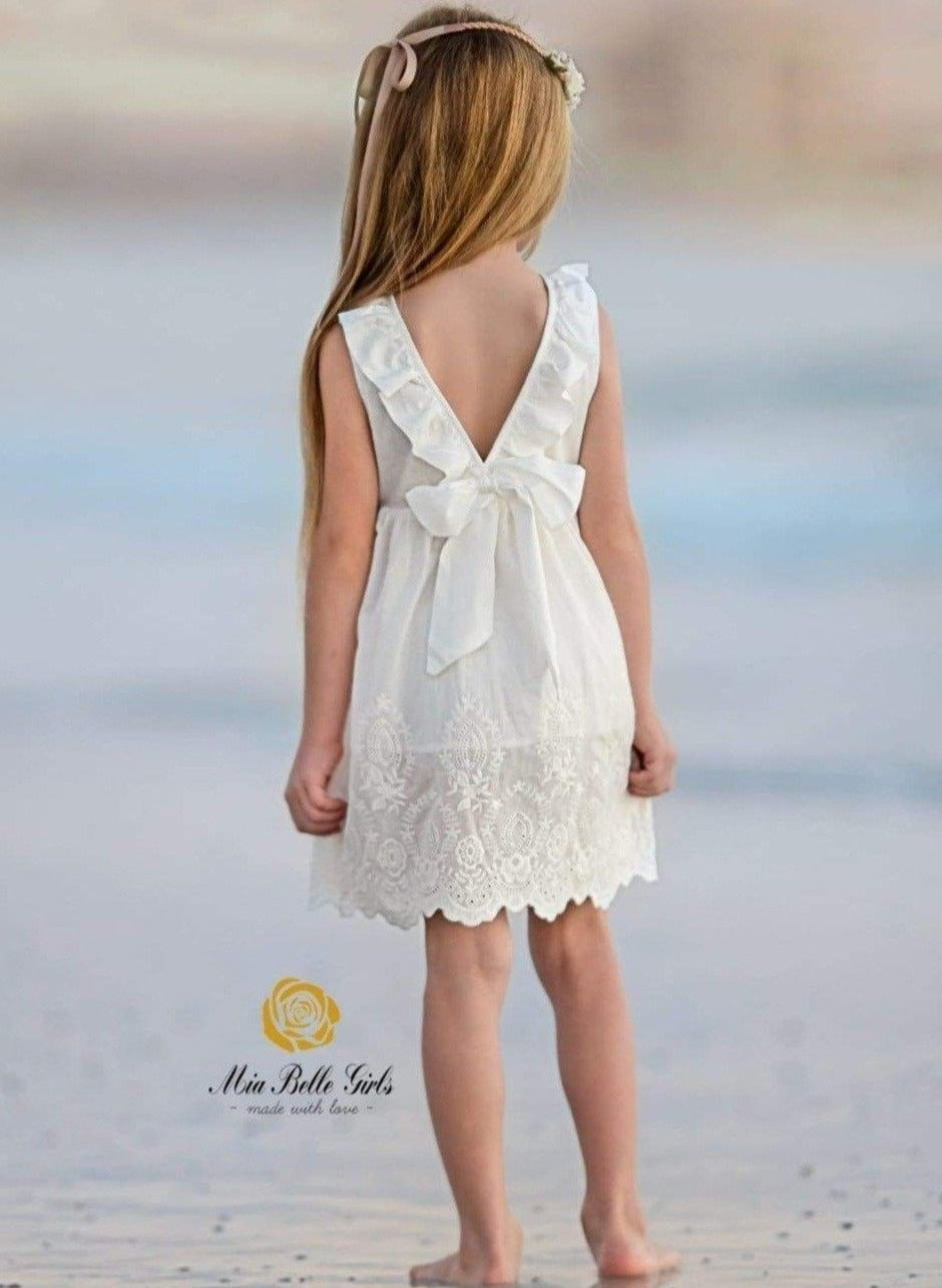 Girls White Ruffled Flutter Sleeve Summer Dress with Bow Tie - Girls Spring Casual Dress