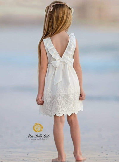 Girls White Ruffled Flutter Sleeve Summer Dress with Bow Tie - Girls Spring Casual Dress